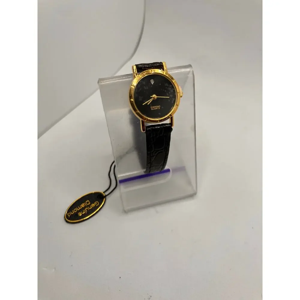 Women's Watch Lot‎ of (2) Gold Tone BLACK LEATHER Gruen Diamon Analog